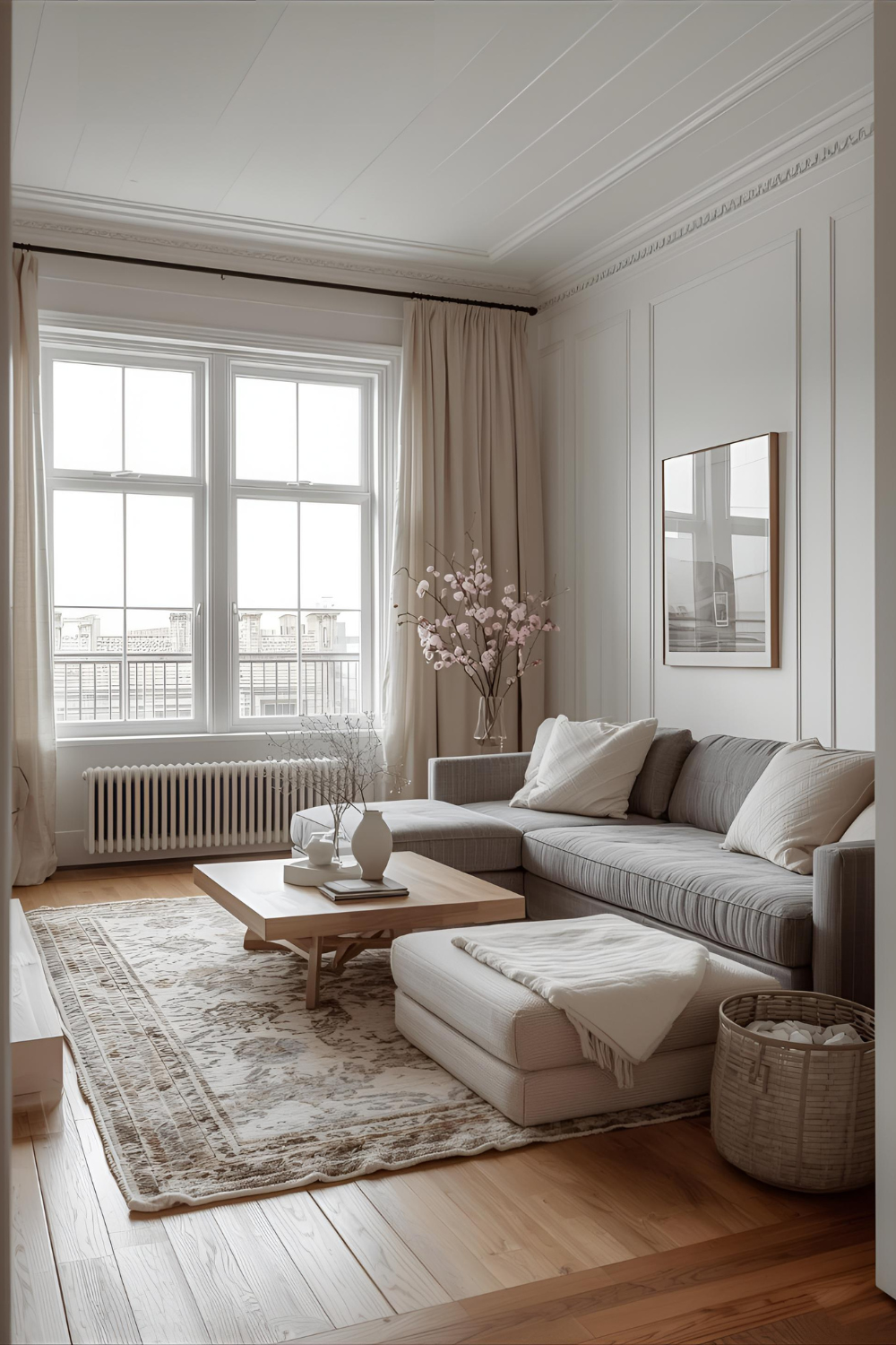 Open-concept Scandinavian living space with neutral color palette, soft lighting, and natural materials — showcasing the 2025 Quiet Luxury trend.